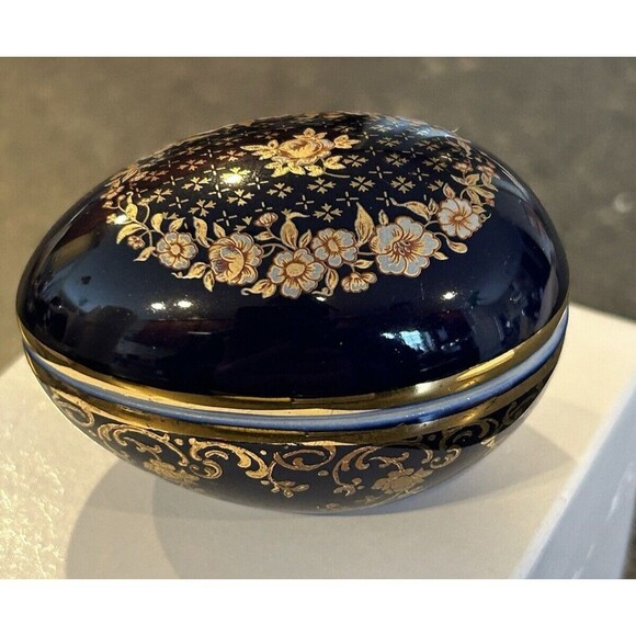 LIMOGES CASTEL‎ Cobalt Blue Easter Egg Trinket Box  22 k Gold - Picture 9 of 14